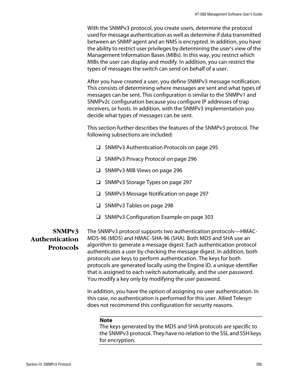 Snmpv3 authentication protocols | Allied Telesis AT-S60 User Manual | Page 295 / 858