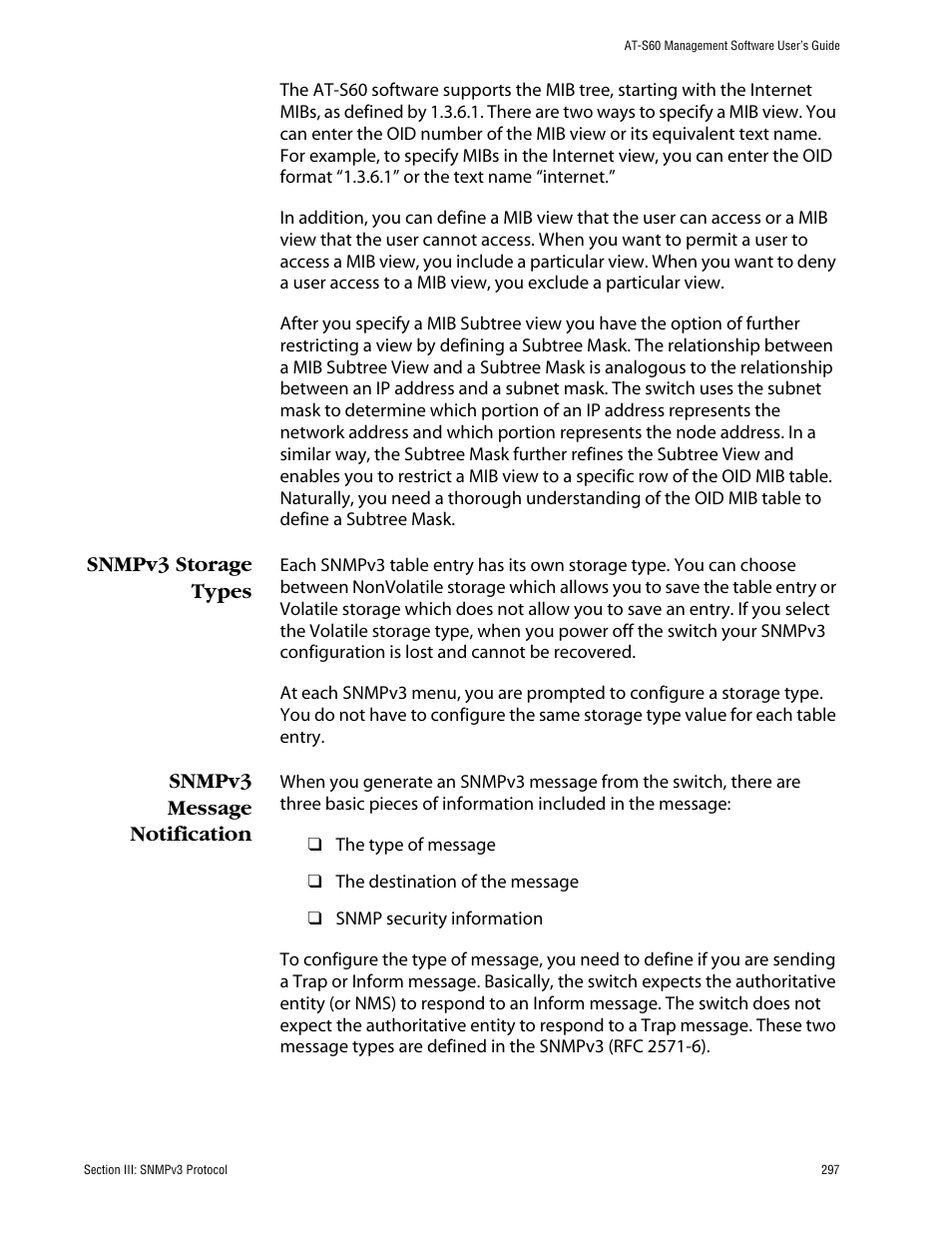 Snmpv3 storage types, Snmpv3 message notification, Snmpv3 storage types snmpv3 message notification | Allied Telesis AT-S60 User Manual | Page 297 / 858