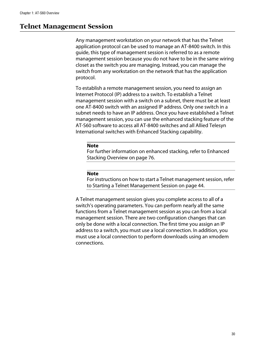 Telnet management session | Allied Telesis AT-S60 User Manual | Page 30 / 858