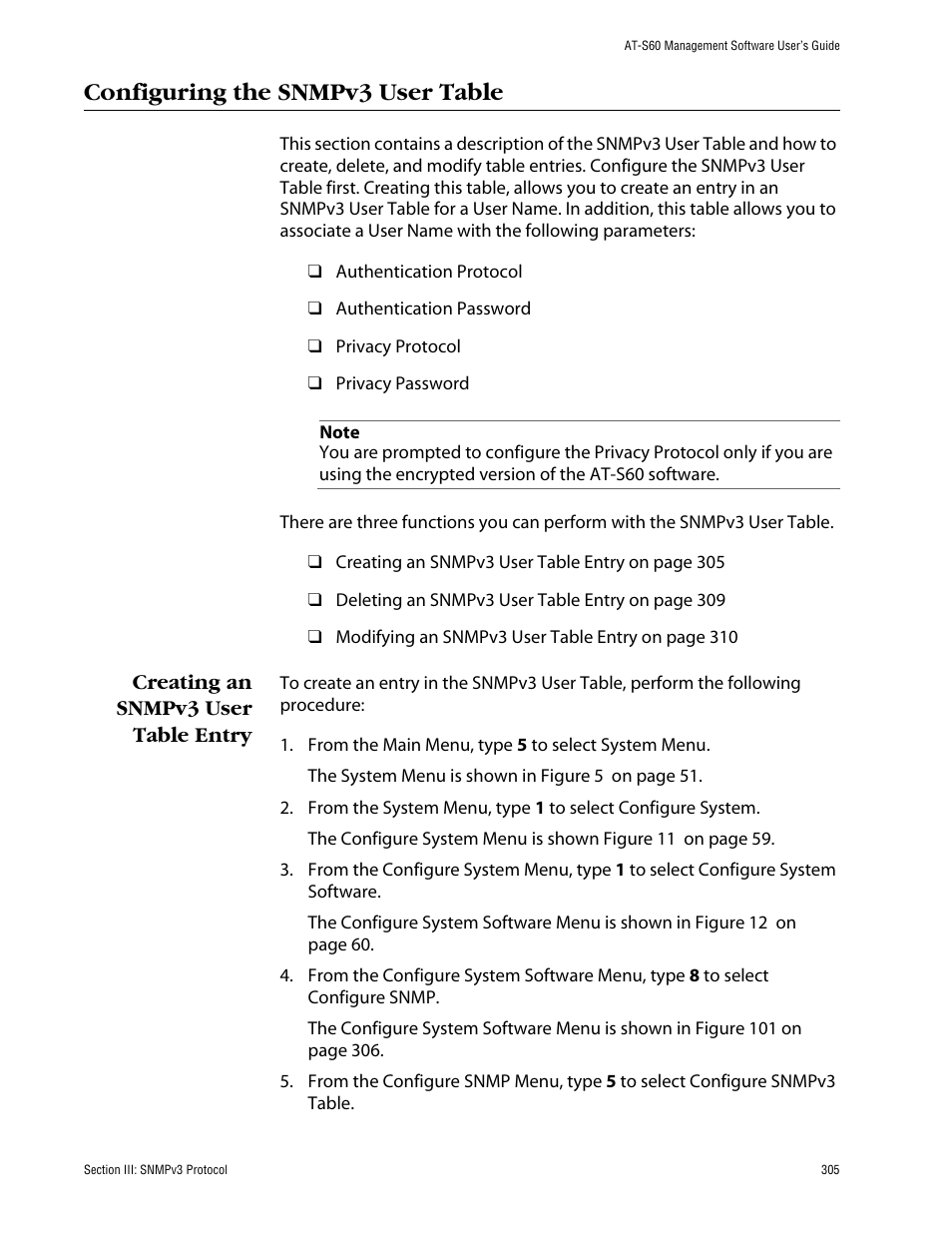 Configuring the snmpv3 user table, Creating an snmpv3 user table entry | Allied Telesis AT-S60 User Manual | Page 305 / 858