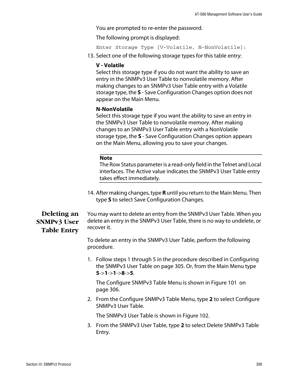 Deleting an snmpv3 user table entry | Allied Telesis AT-S60 User Manual | Page 309 / 858