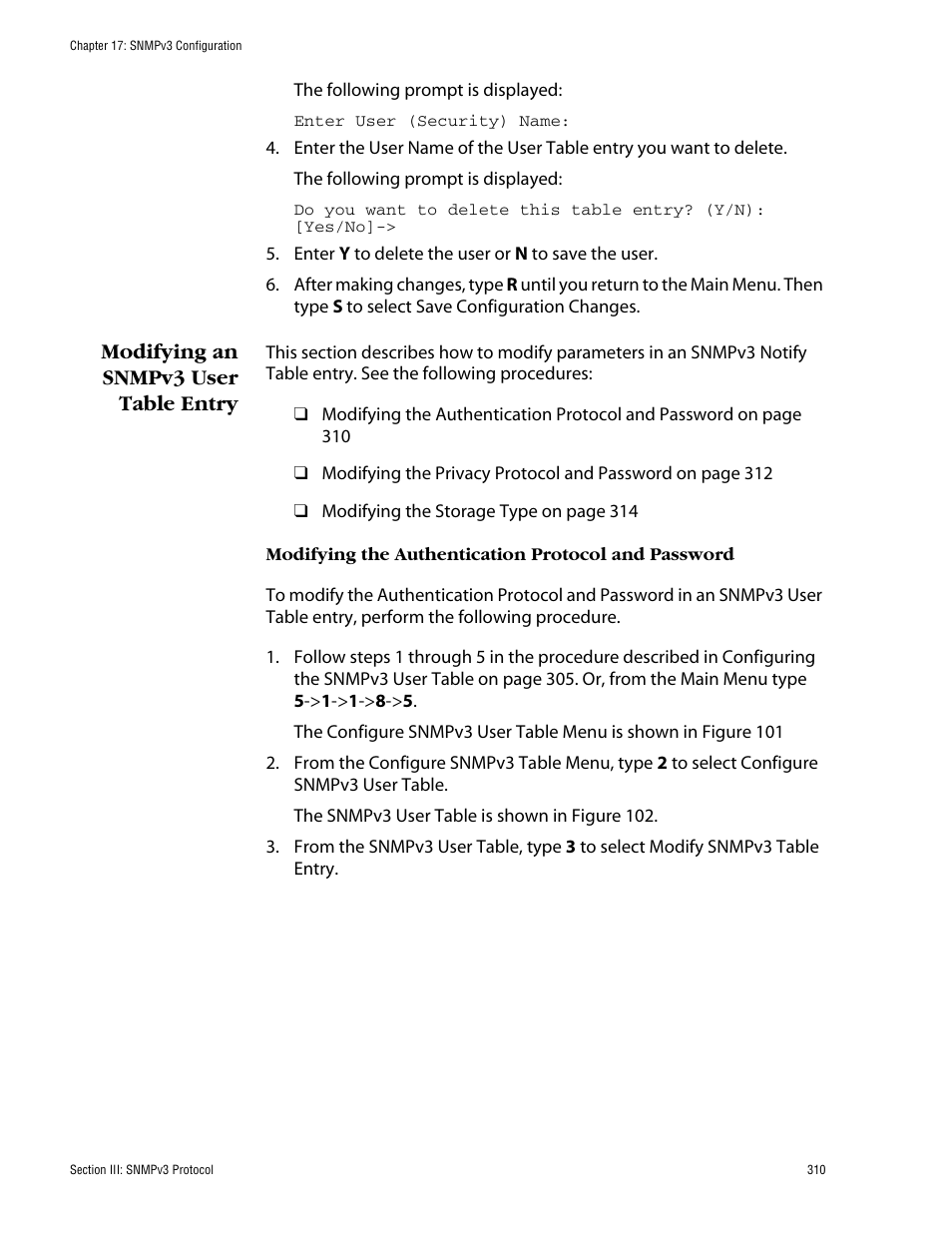 Modifying an snmpv3 user table entry | Allied Telesis AT-S60 User Manual | Page 310 / 858