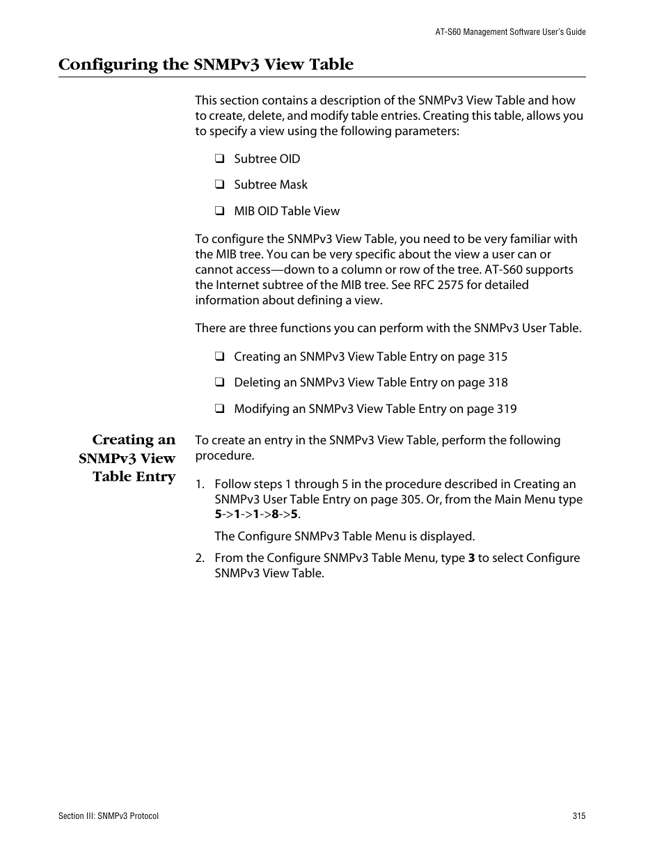Configuring the snmpv3 view table, Creating an snmpv3 view table entry | Allied Telesis AT-S60 User Manual | Page 315 / 858