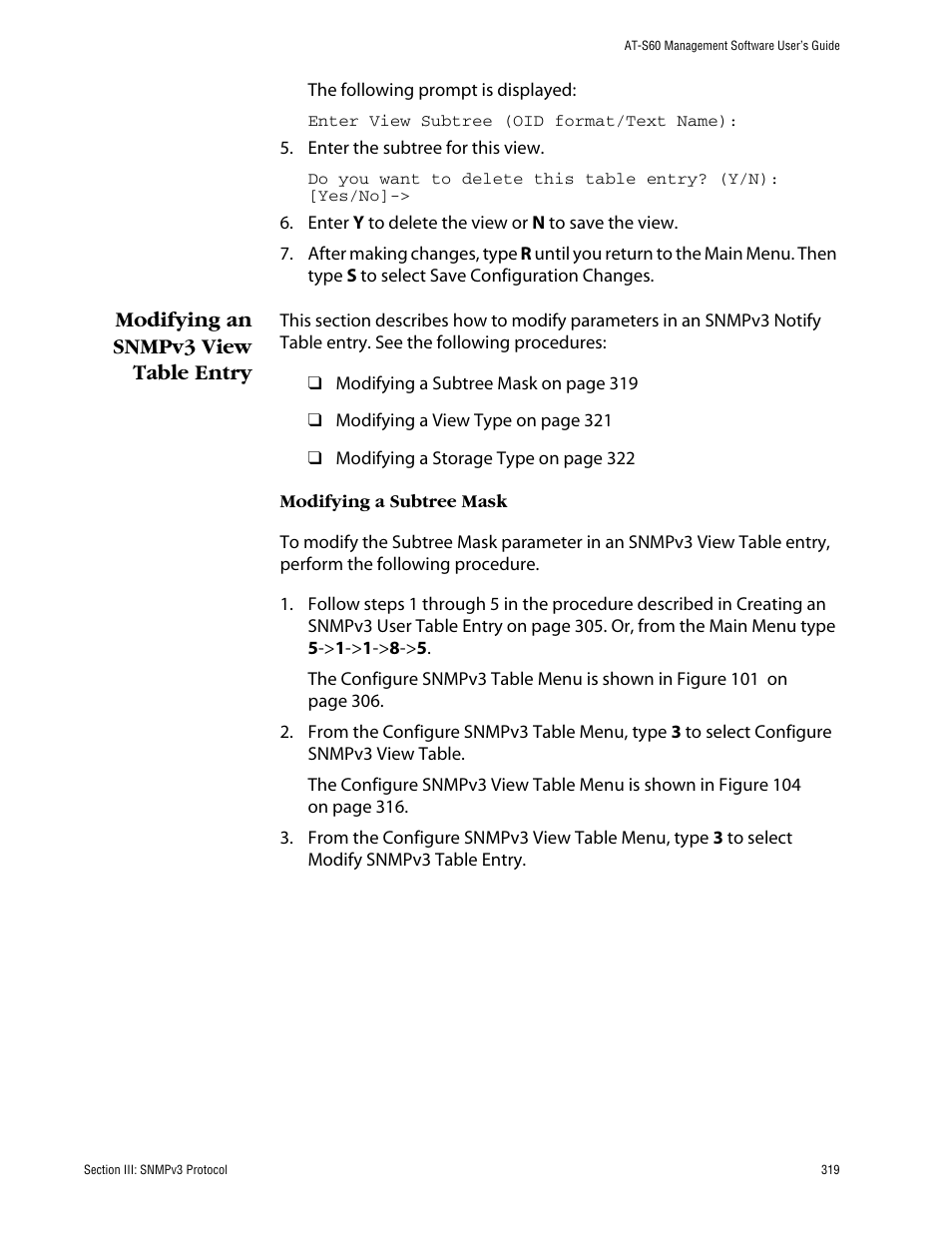 Modifying an snmpv3 view table entry | Allied Telesis AT-S60 User Manual | Page 319 / 858