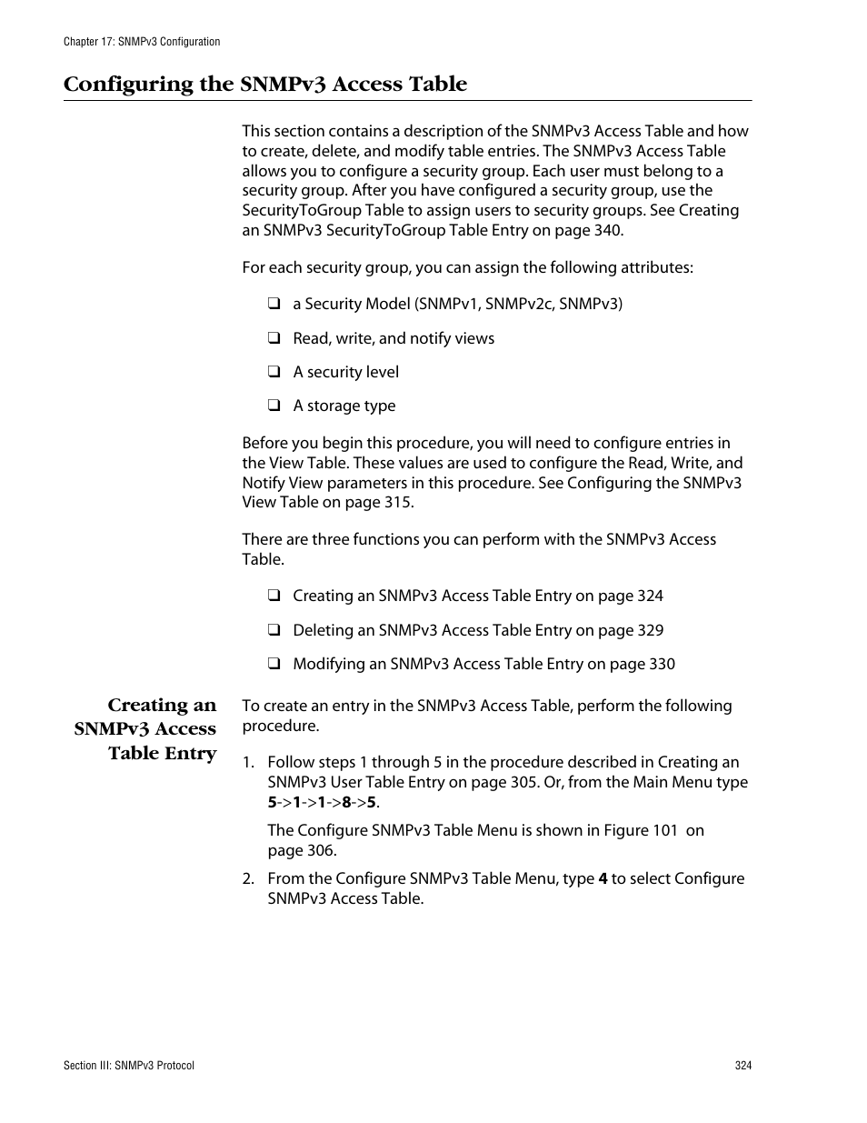 Configuring the snmpv3 access table, Creating an snmpv3 access table entry | Allied Telesis AT-S60 User Manual | Page 324 / 858
