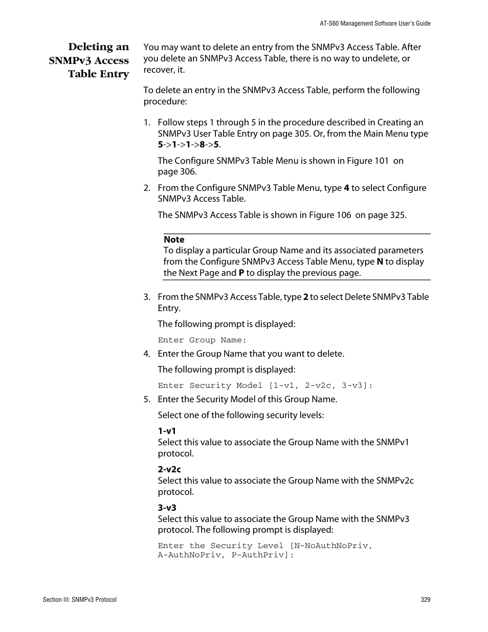 Deleting an snmpv3 access table entry | Allied Telesis AT-S60 User Manual | Page 329 / 858