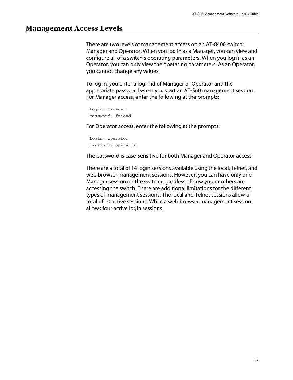Management access levels | Allied Telesis AT-S60 User Manual | Page 33 / 858