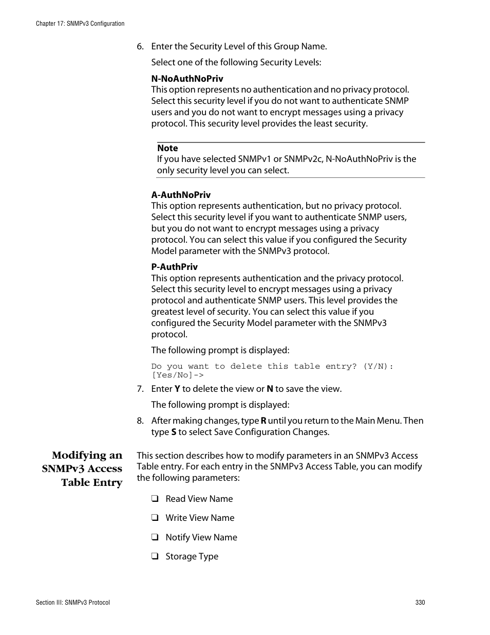 Modifying an snmpv3 access table entry | Allied Telesis AT-S60 User Manual | Page 330 / 858