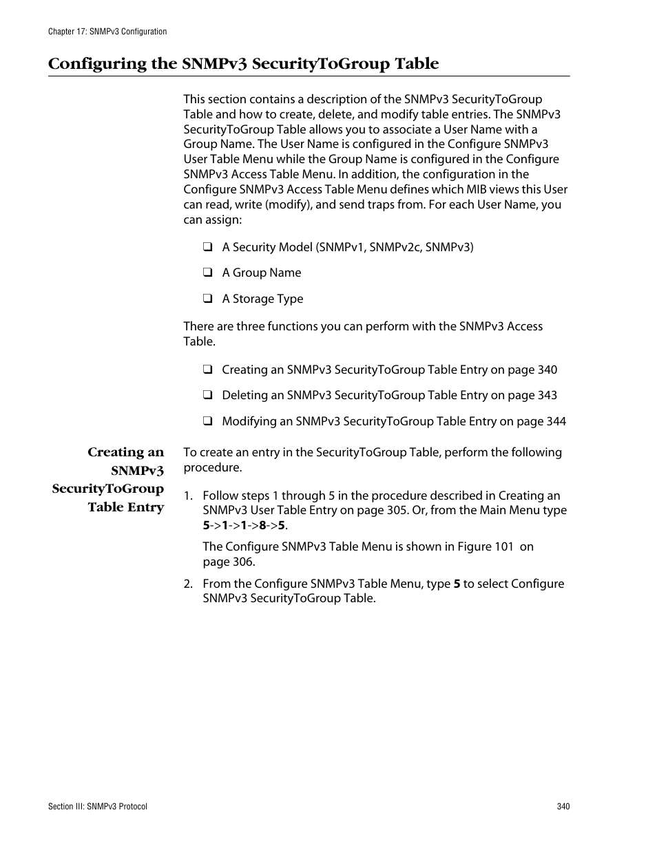 Configuring the snmpv3 securitytogroup table, Creating an snmpv3 securitytogroup table entry | Allied Telesis AT-S60 User Manual | Page 340 / 858