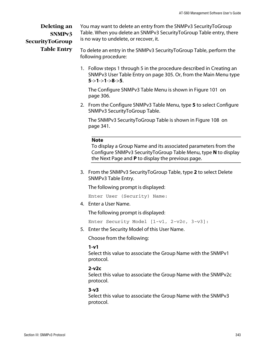 Deleting an snmpv3 securitytogroup table entry | Allied Telesis AT-S60 User Manual | Page 343 / 858