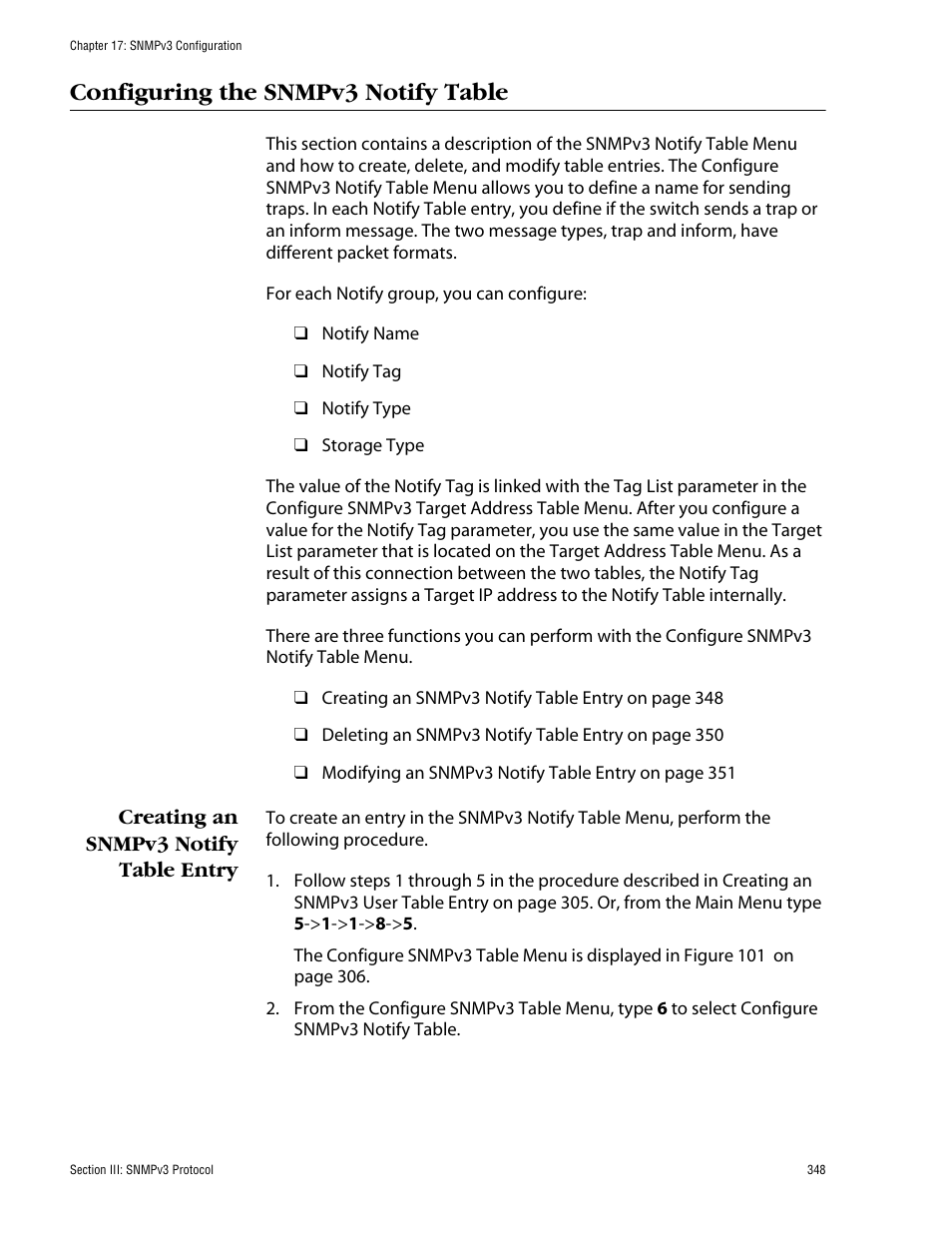 Configuring the snmpv3 notify table, Creating an snmpv3 notify table entry | Allied Telesis AT-S60 User Manual | Page 348 / 858
