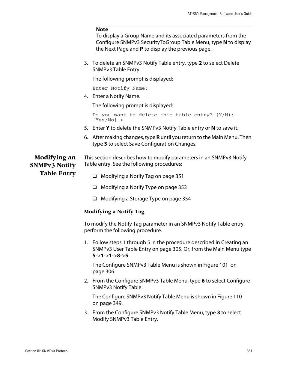 Modifying an snmpv3 notify table entry | Allied Telesis AT-S60 User Manual | Page 351 / 858