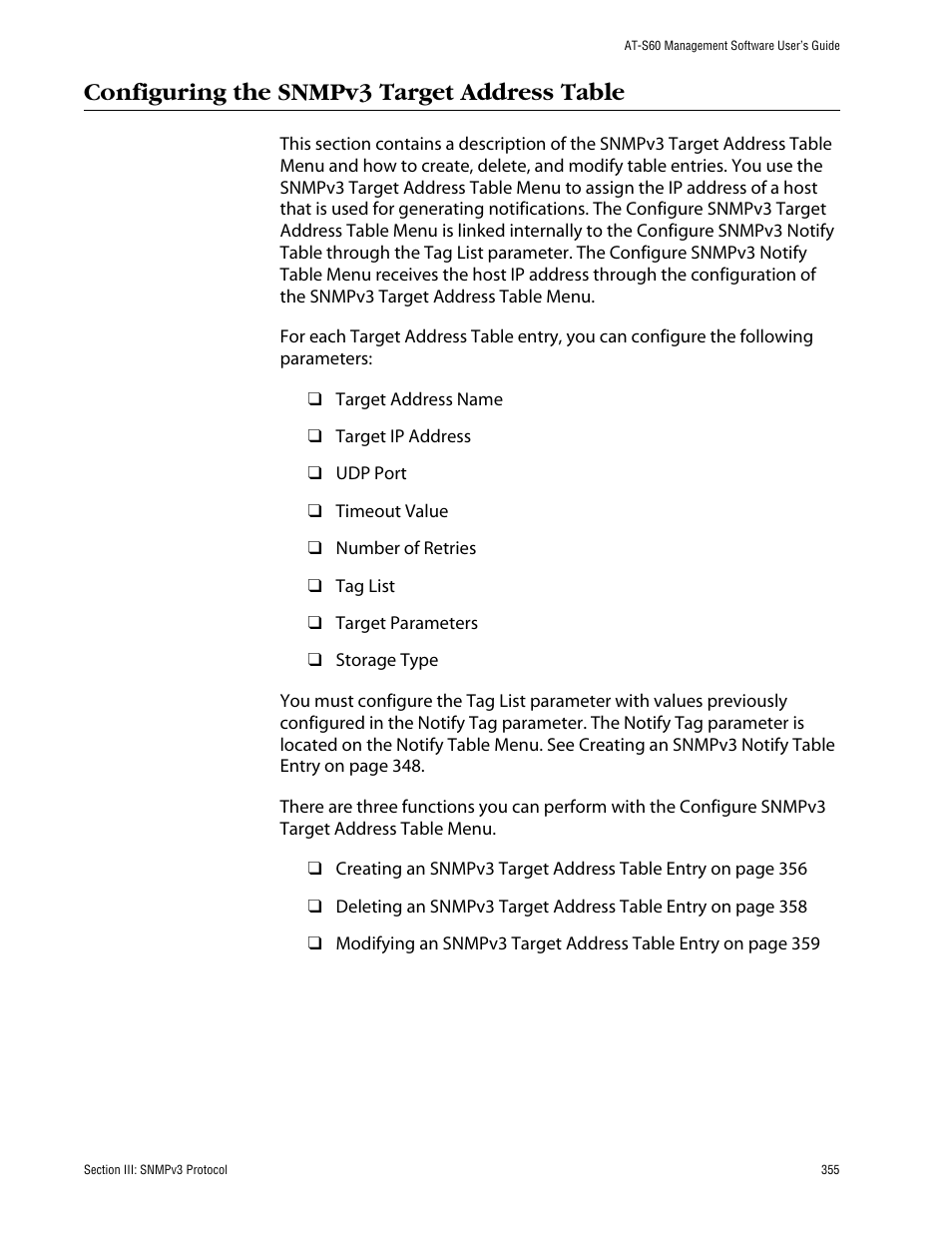 Configuring the snmpv3 target address table | Allied Telesis AT-S60 User Manual | Page 355 / 858