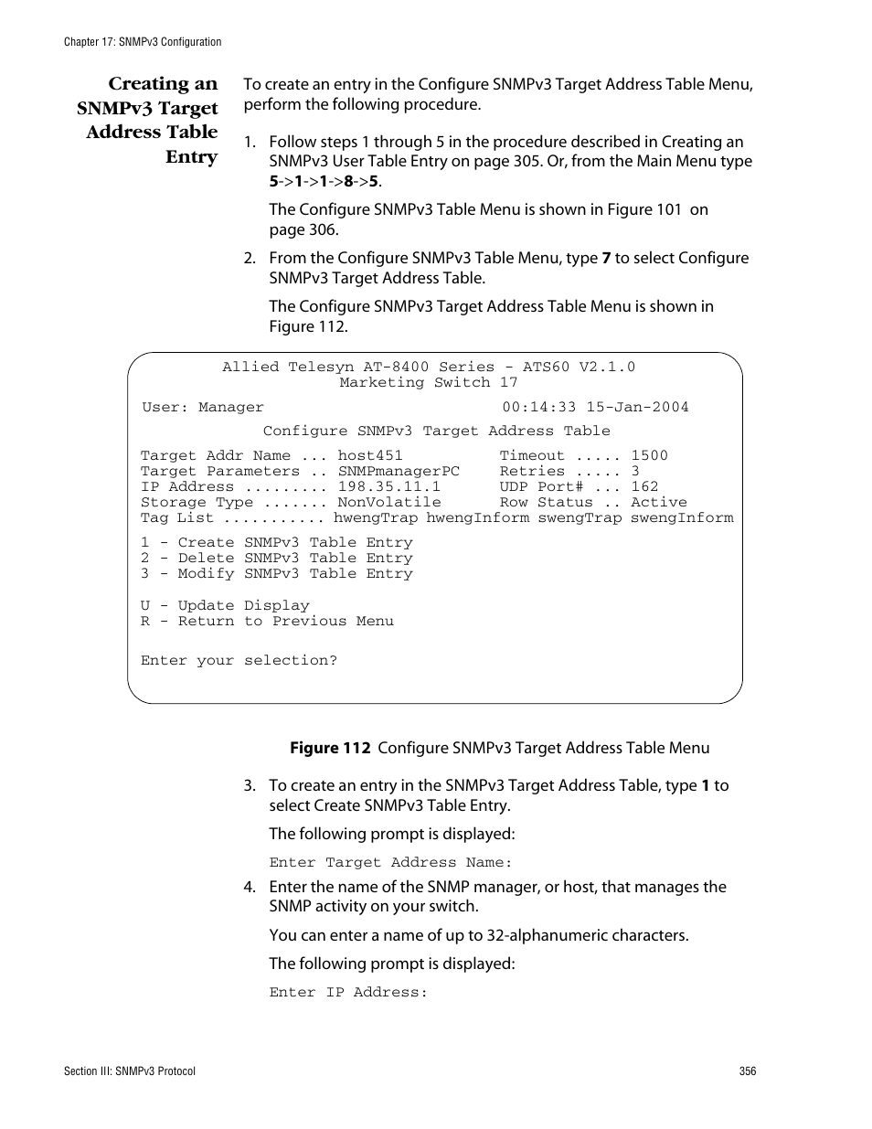 Creating an snmpv3 target address table entry | Allied Telesis AT-S60 User Manual | Page 356 / 858