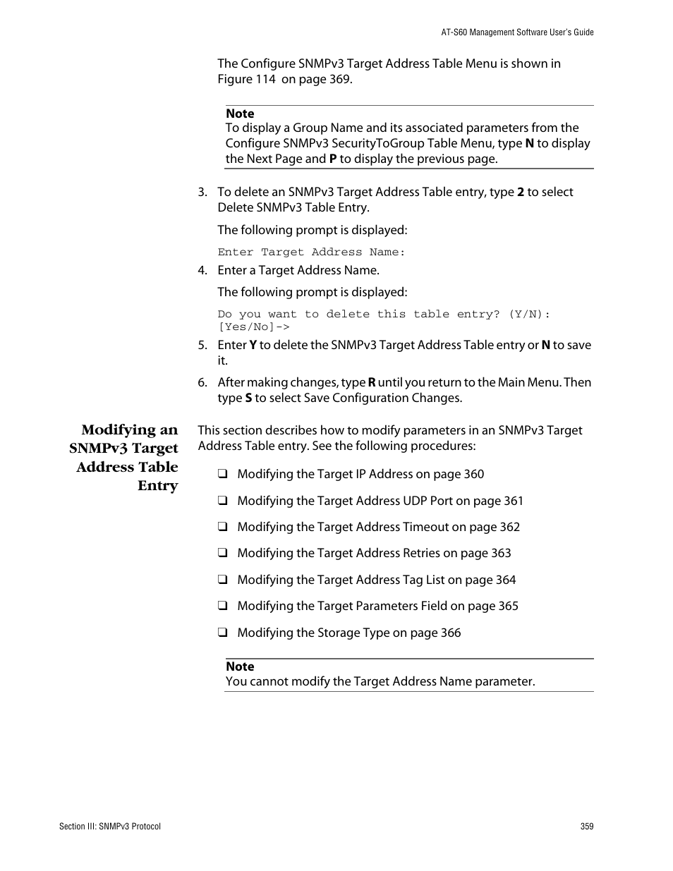 Modifying an snmpv3 target address table entry | Allied Telesis AT-S60 User Manual | Page 359 / 858