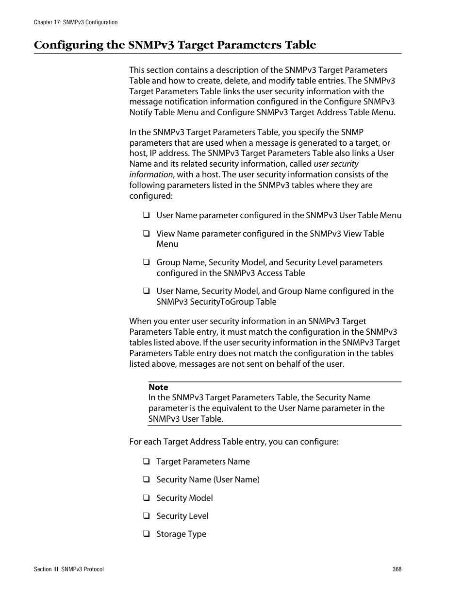 Configuring the snmpv3 target parameters table | Allied Telesis AT-S60 User Manual | Page 368 / 858