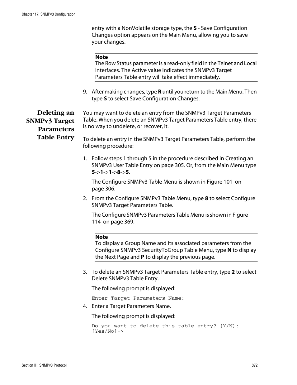 Deleting an snmpv3 target parameters table entry | Allied Telesis AT-S60 User Manual | Page 372 / 858