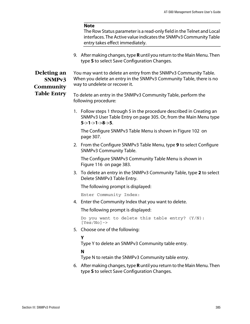 Deleting an snmpv3 community table entry | Allied Telesis AT-S60 User Manual | Page 385 / 858
