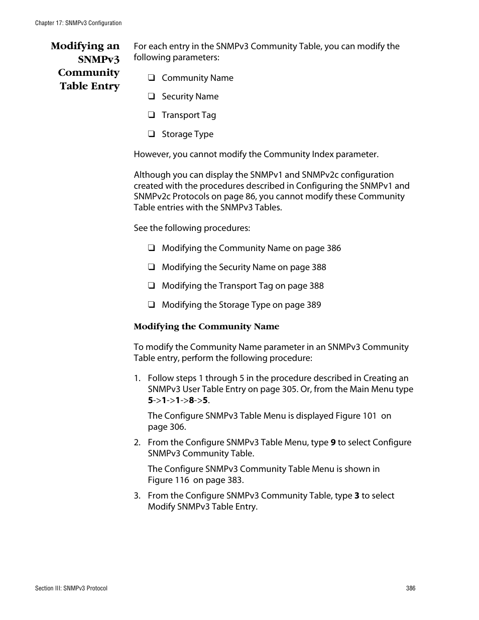 Modifying an snmpv3 community table entry | Allied Telesis AT-S60 User Manual | Page 386 / 858