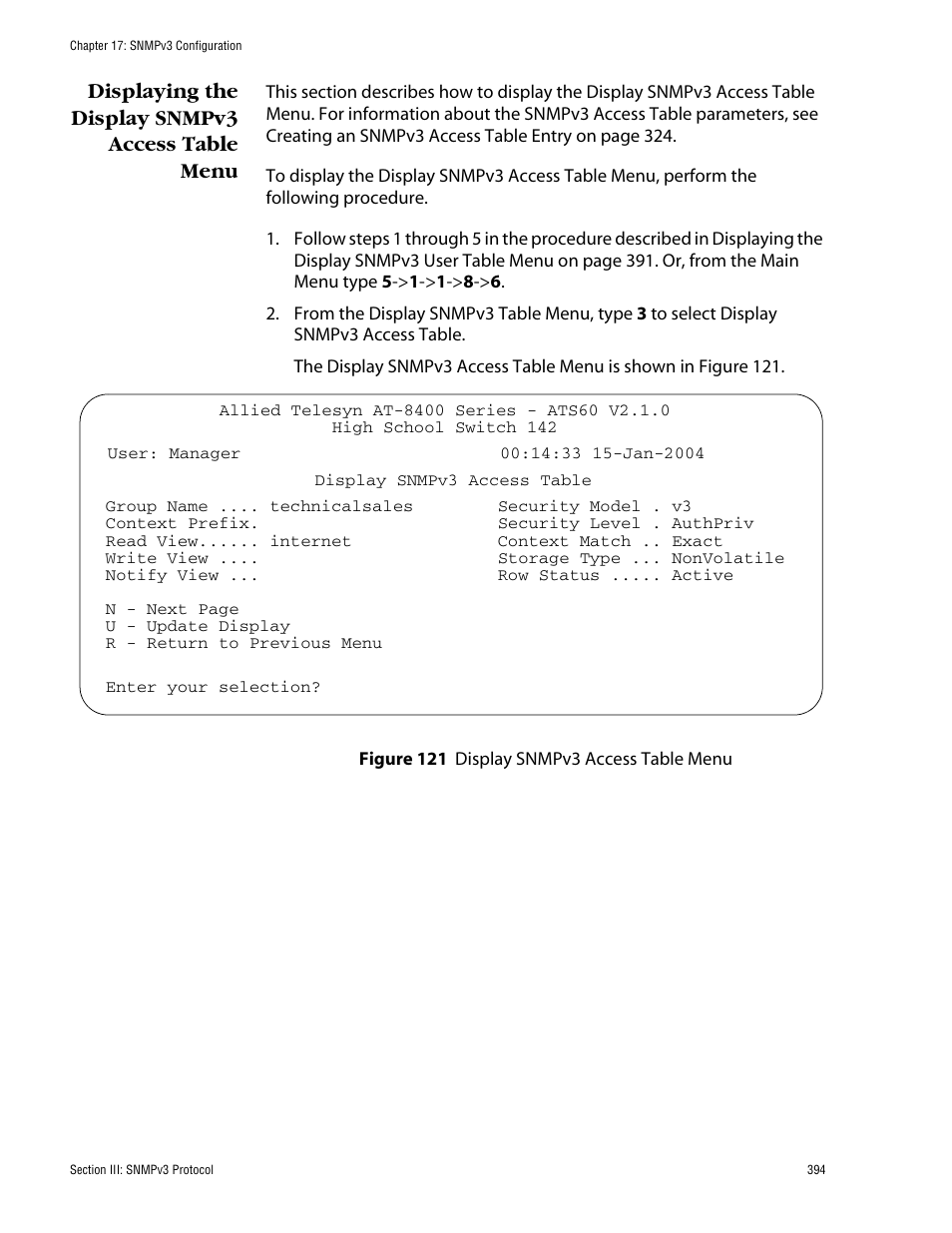 Displaying the display snmpv3 access table menu | Allied Telesis AT-S60 User Manual | Page 394 / 858