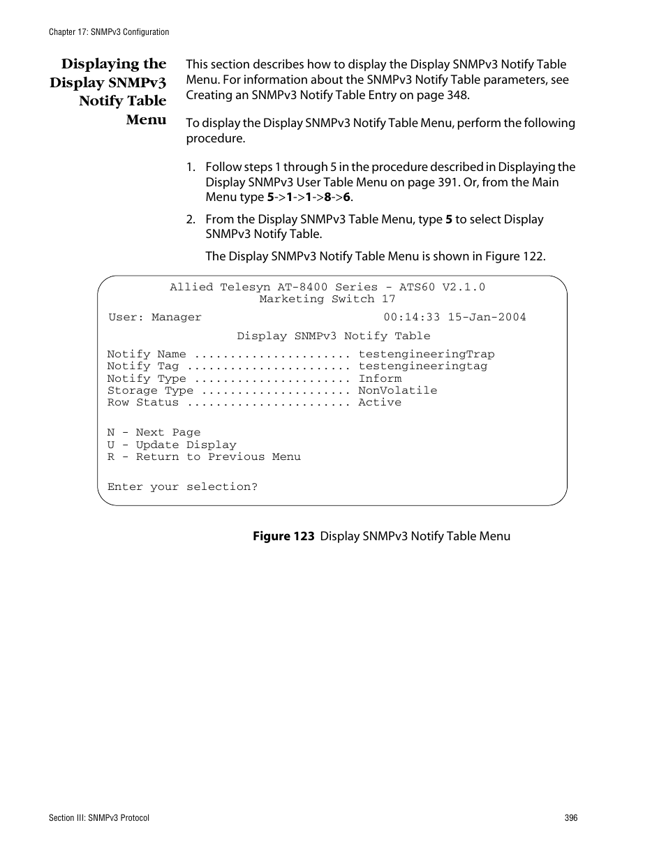 Displaying the display snmpv3 notify table menu | Allied Telesis AT-S60 User Manual | Page 396 / 858