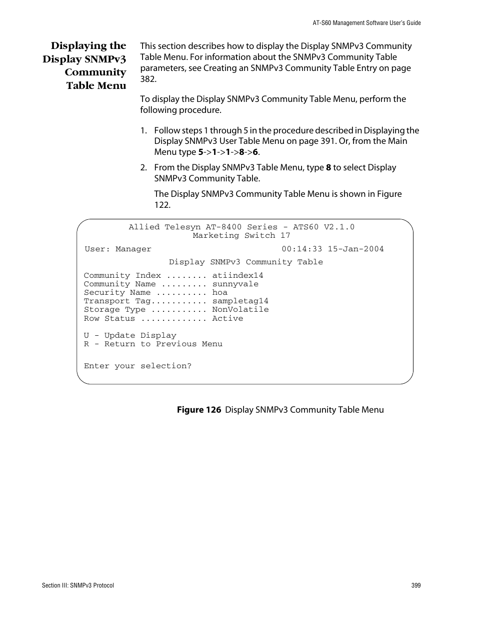 Displaying the display snmpv3 community table menu | Allied Telesis AT-S60 User Manual | Page 399 / 858