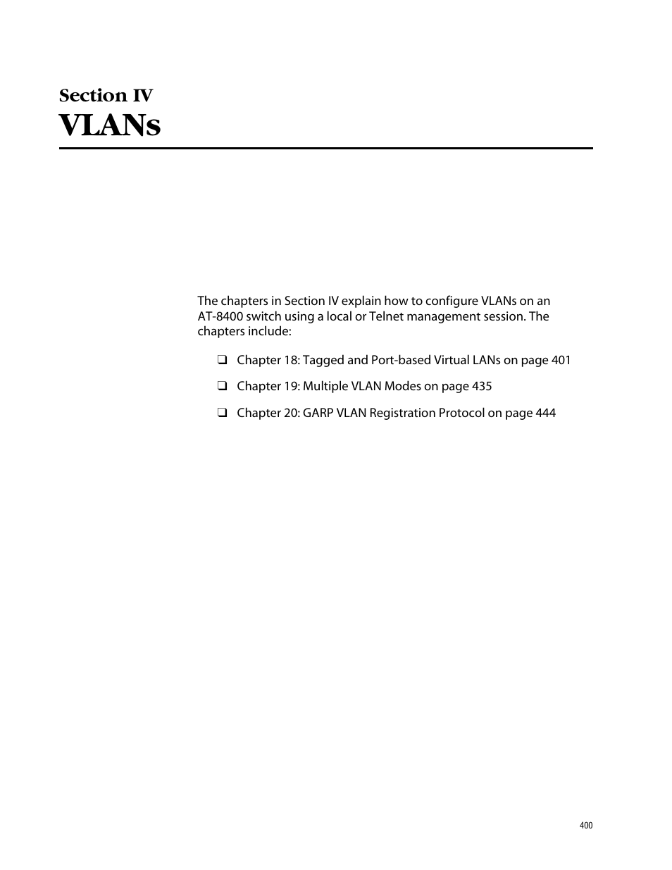 Section iv vlans, Vlans | Allied Telesis AT-S60 User Manual | Page 400 / 858