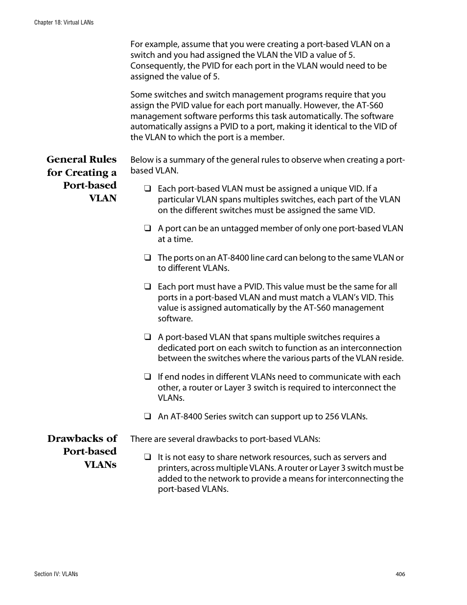 General rules for creating a port-based vlan, Drawbacks of port-based vlans | Allied Telesis AT-S60 User Manual | Page 406 / 858