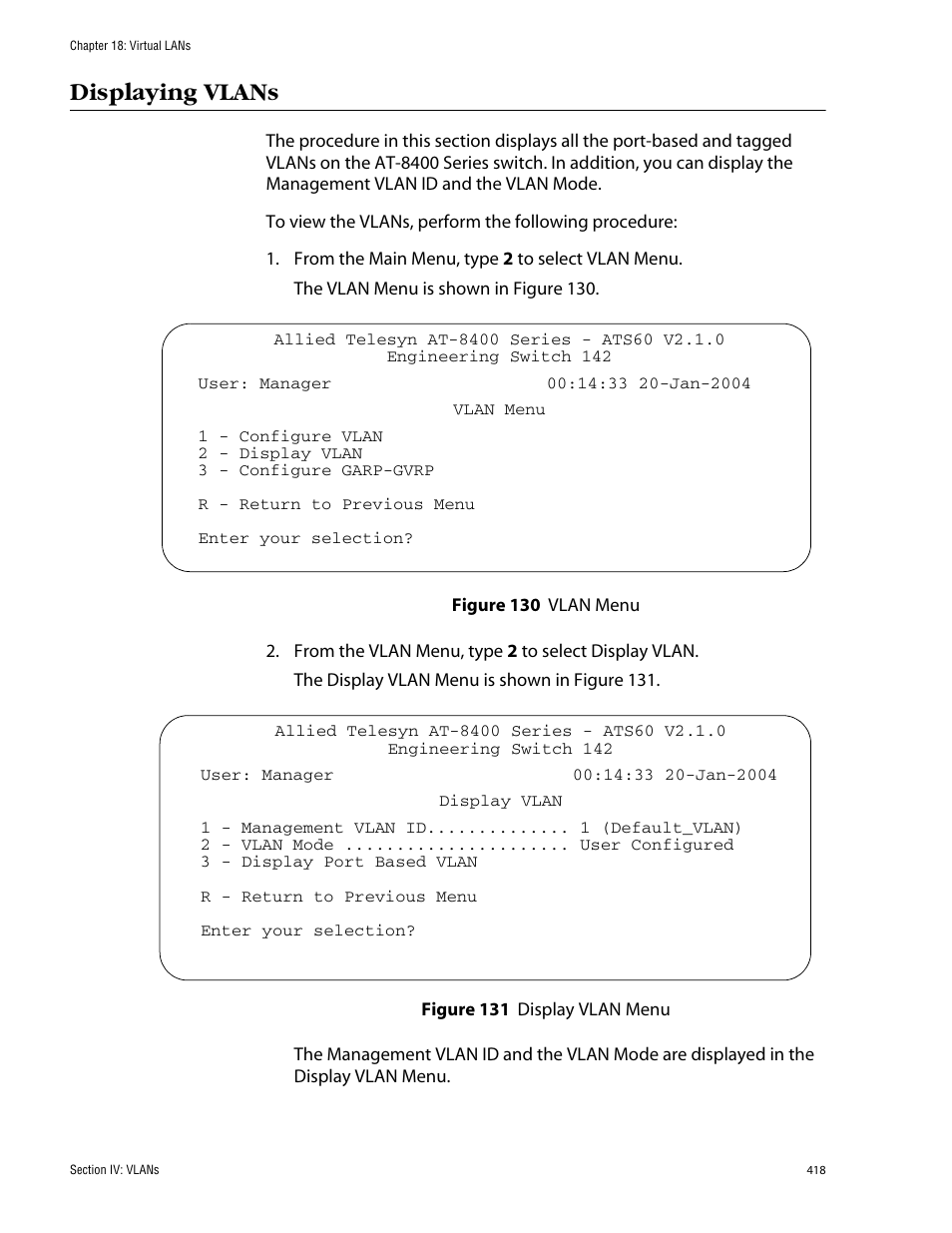 Displaying vlans | Allied Telesis AT-S60 User Manual | Page 418 / 858