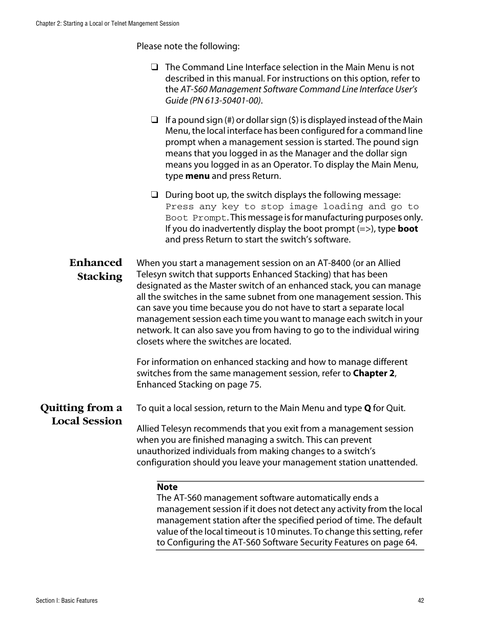 Enhanced stacking, Quitting from a local session, Enhanced stacking quitting from a local session | Allied Telesis AT-S60 User Manual | Page 42 / 858