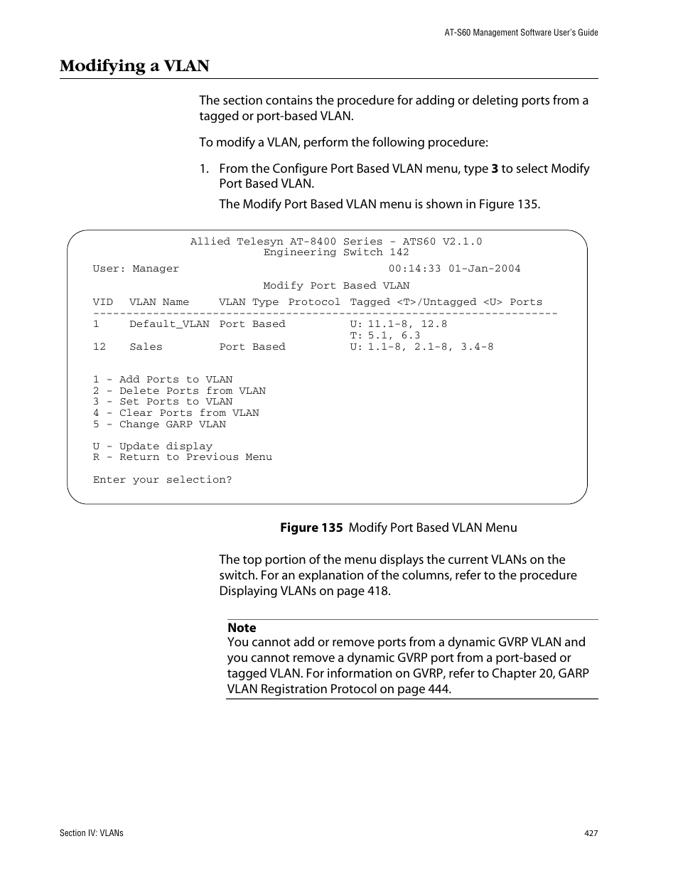 Modifying a vlan | Allied Telesis AT-S60 User Manual | Page 427 / 858