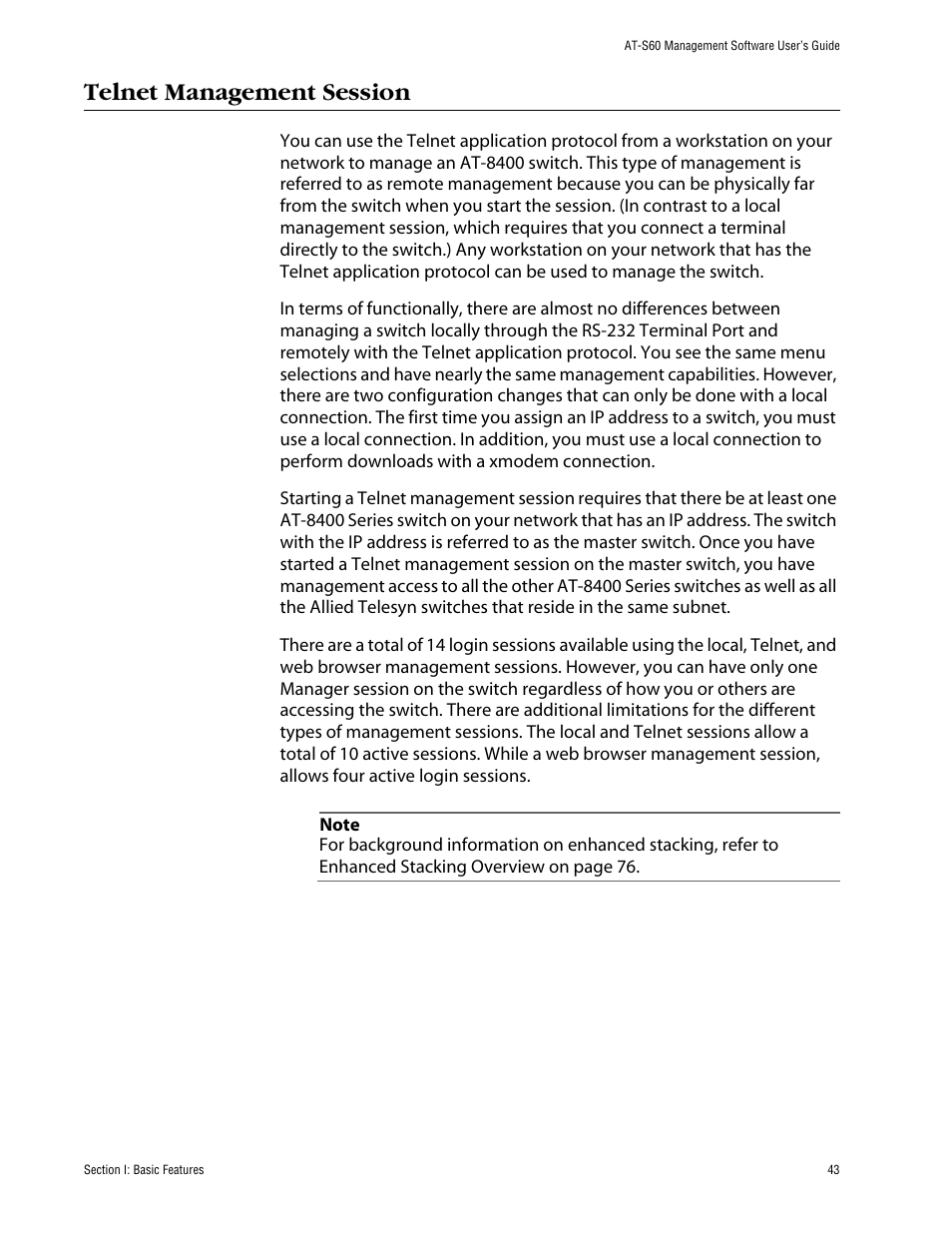 Telnet management session | Allied Telesis AT-S60 User Manual | Page 43 / 858