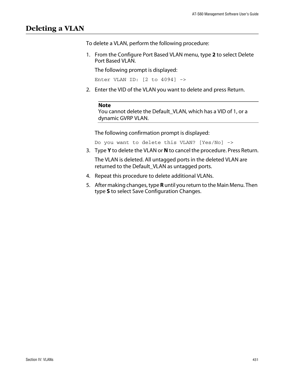 Deleting a vlan | Allied Telesis AT-S60 User Manual | Page 431 / 858