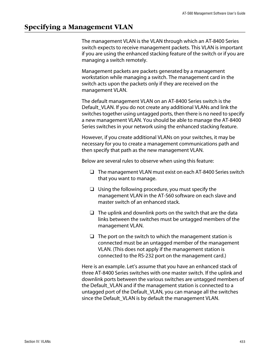 Specifying a management vlan | Allied Telesis AT-S60 User Manual | Page 433 / 858