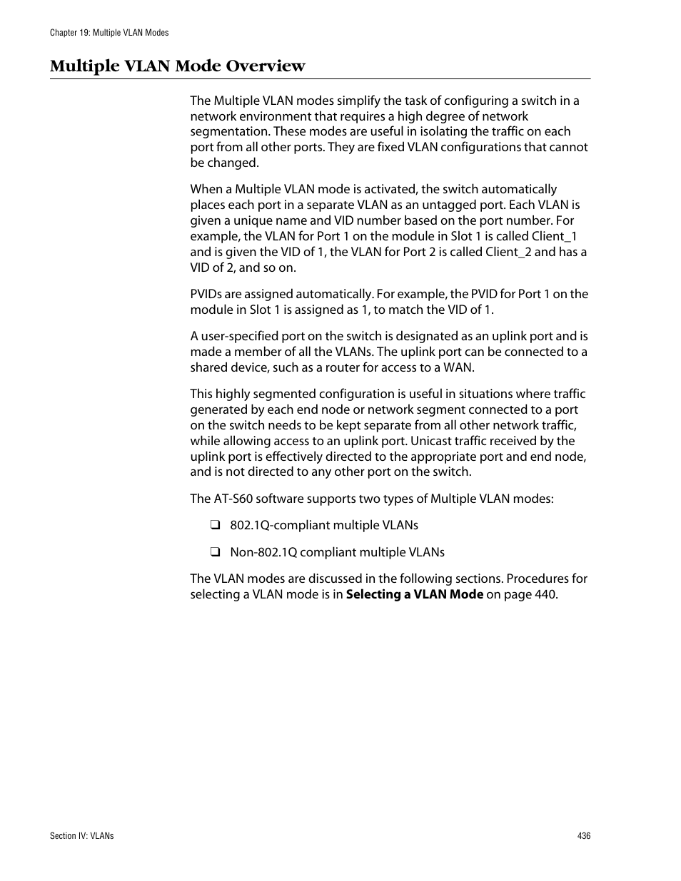 Multiple vlan mode overview | Allied Telesis AT-S60 User Manual | Page 436 / 858