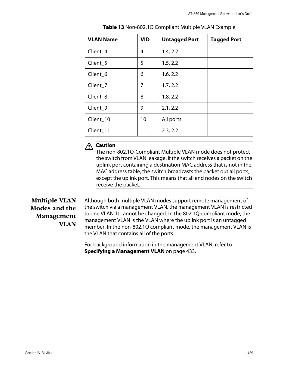 Multiple vlan modes and the management vlan | Allied Telesis AT-S60 User Manual | Page 439 / 858