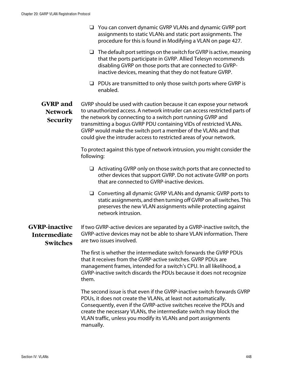 Gvrp and network security, Gvrp-inactive intermediate switches | Allied Telesis AT-S60 User Manual | Page 448 / 858