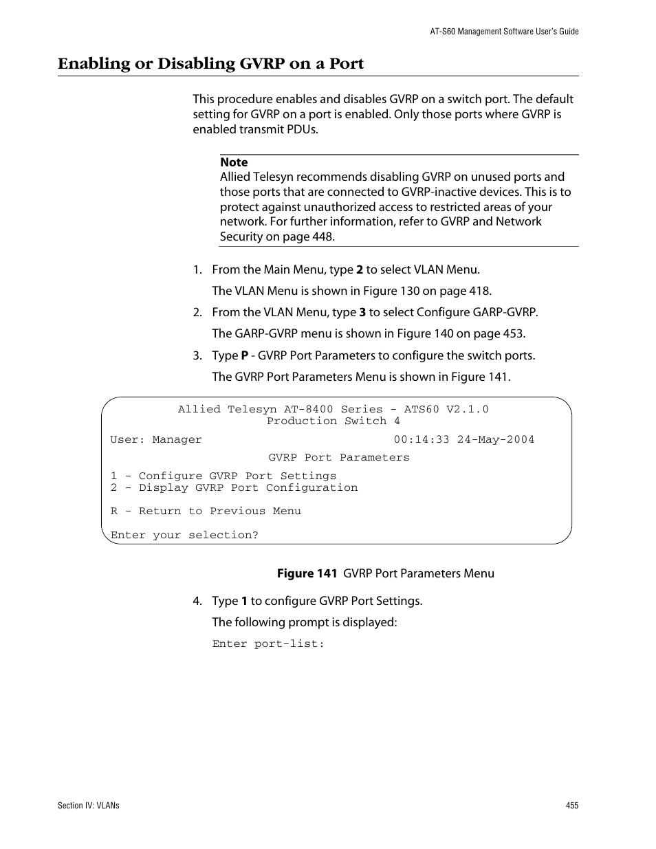 Enabling or disabling gvrp on a port | Allied Telesis AT-S60 User Manual | Page 455 / 858