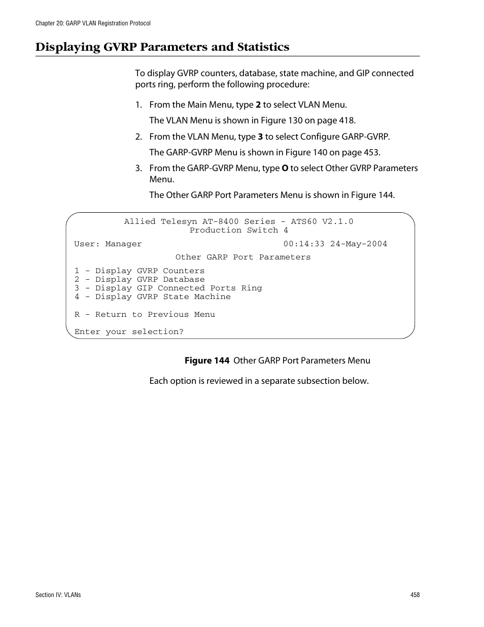 Displaying gvrp parameters and statistics | Allied Telesis AT-S60 User Manual | Page 458 / 858