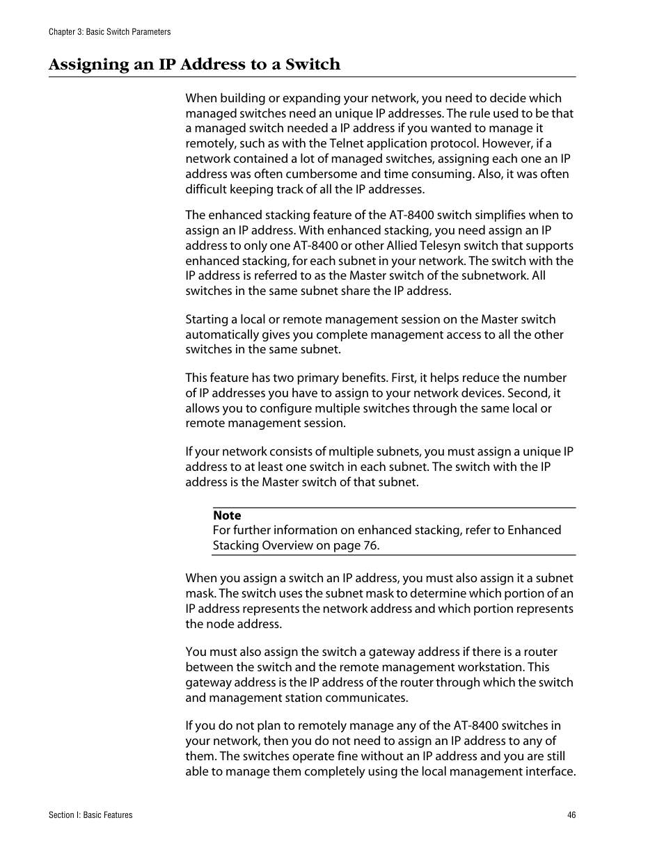 Assigning an ip address to a switch | Allied Telesis AT-S60 User Manual | Page 46 / 858