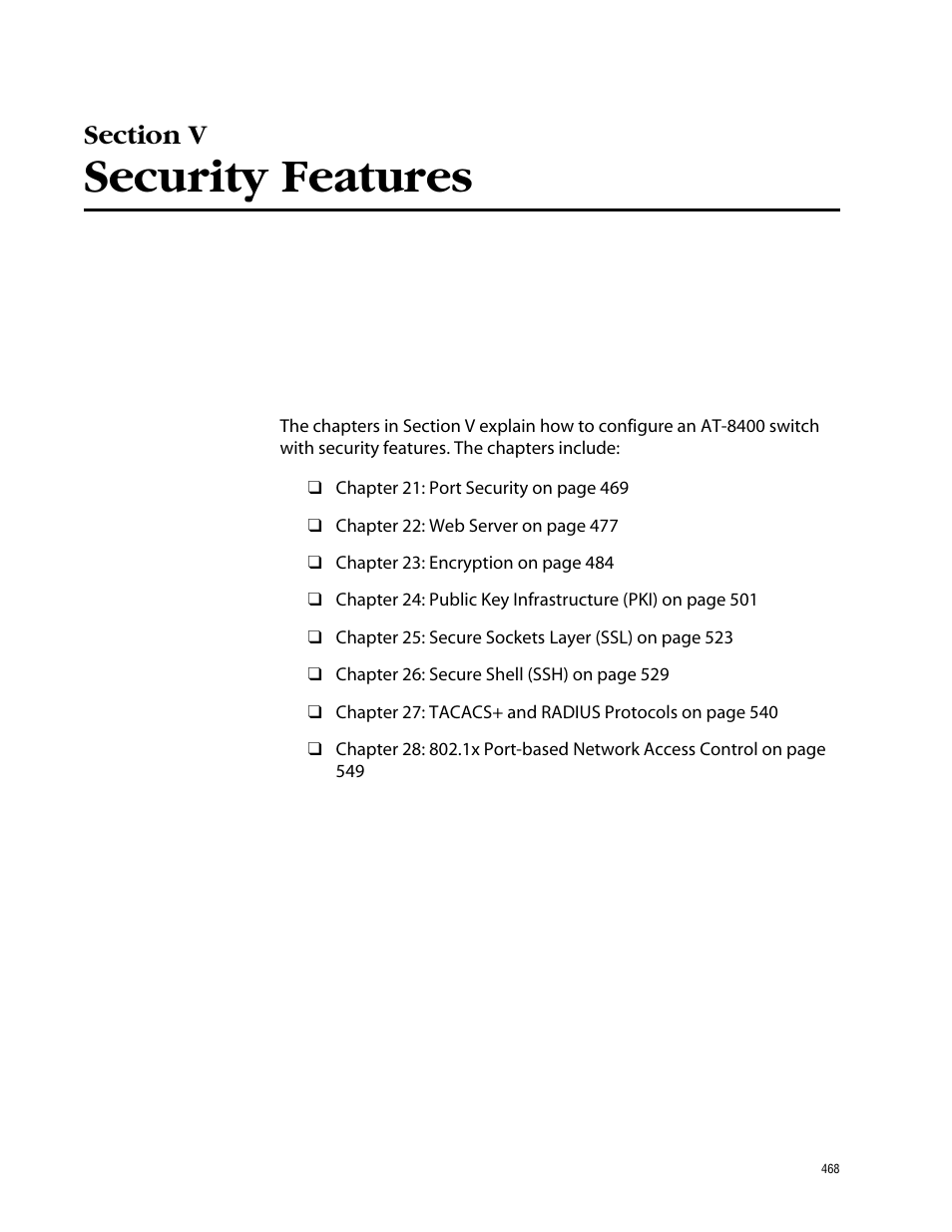 Section v security features, Security features | Allied Telesis AT-S60 User Manual | Page 468 / 858