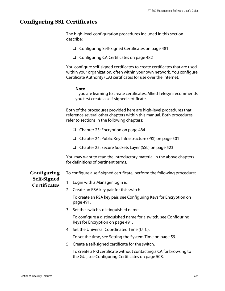 Configuring ssl certificates, Configuring self-signed certificates | Allied Telesis AT-S60 User Manual | Page 481 / 858