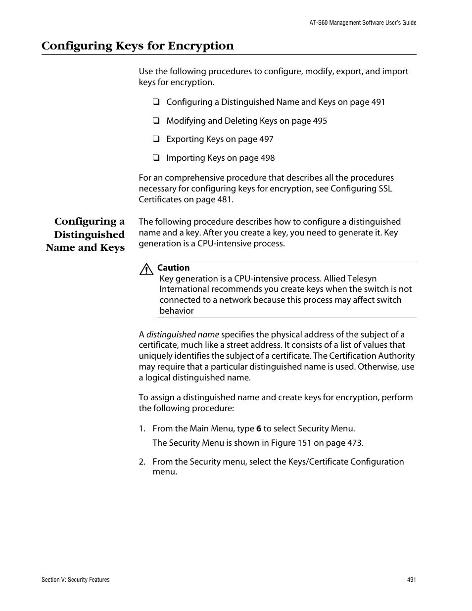 Configuring keys for encryption, Configuring a distinguished name and keys | Allied Telesis AT-S60 User Manual | Page 491 / 858