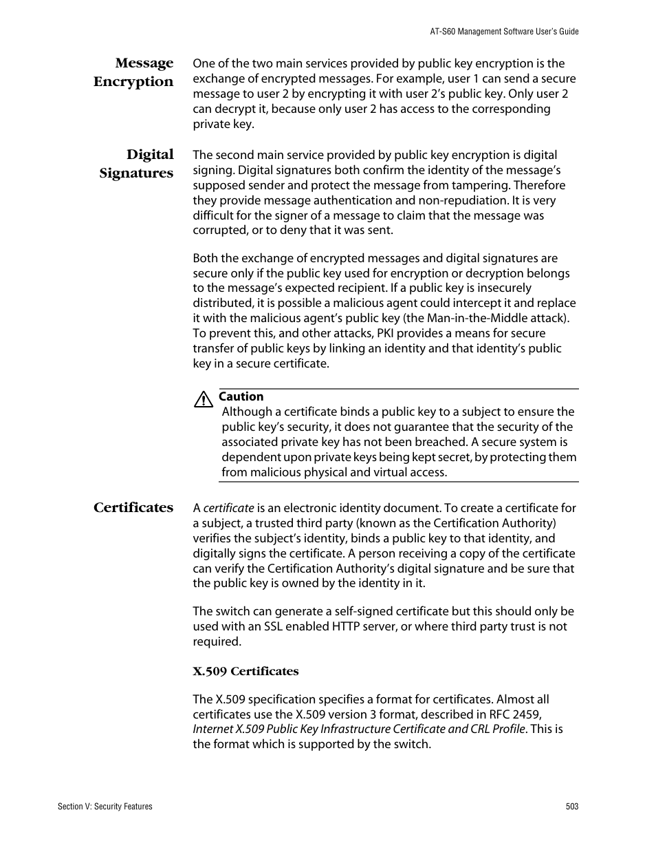 Message encryption, Digital signatures, Certificates | Message encryption digital signatures certificates | Allied Telesis AT-S60 User Manual | Page 503 / 858