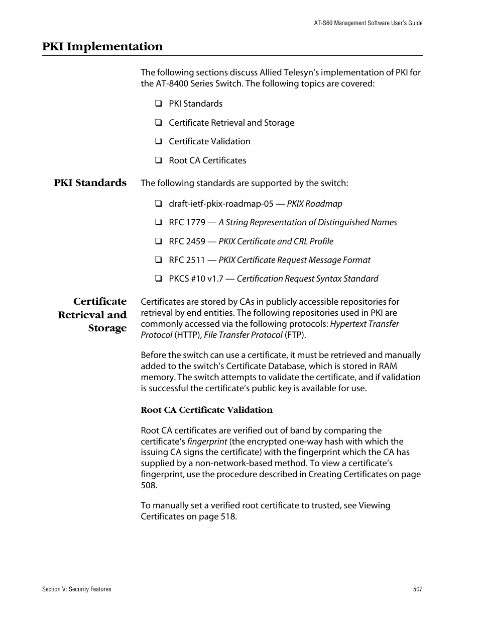 Pki implementation, Pki standards, Certificate retrieval and storage | Pki standards certificate retrieval and storage | Allied Telesis AT-S60 User Manual | Page 507 / 858