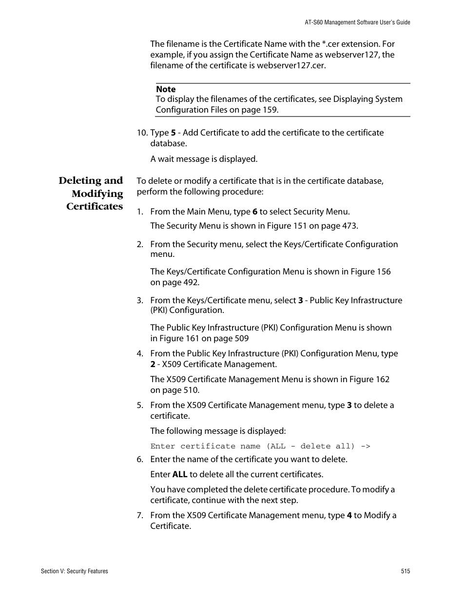 Deleting and modifying certificates | Allied Telesis AT-S60 User Manual | Page 515 / 858
