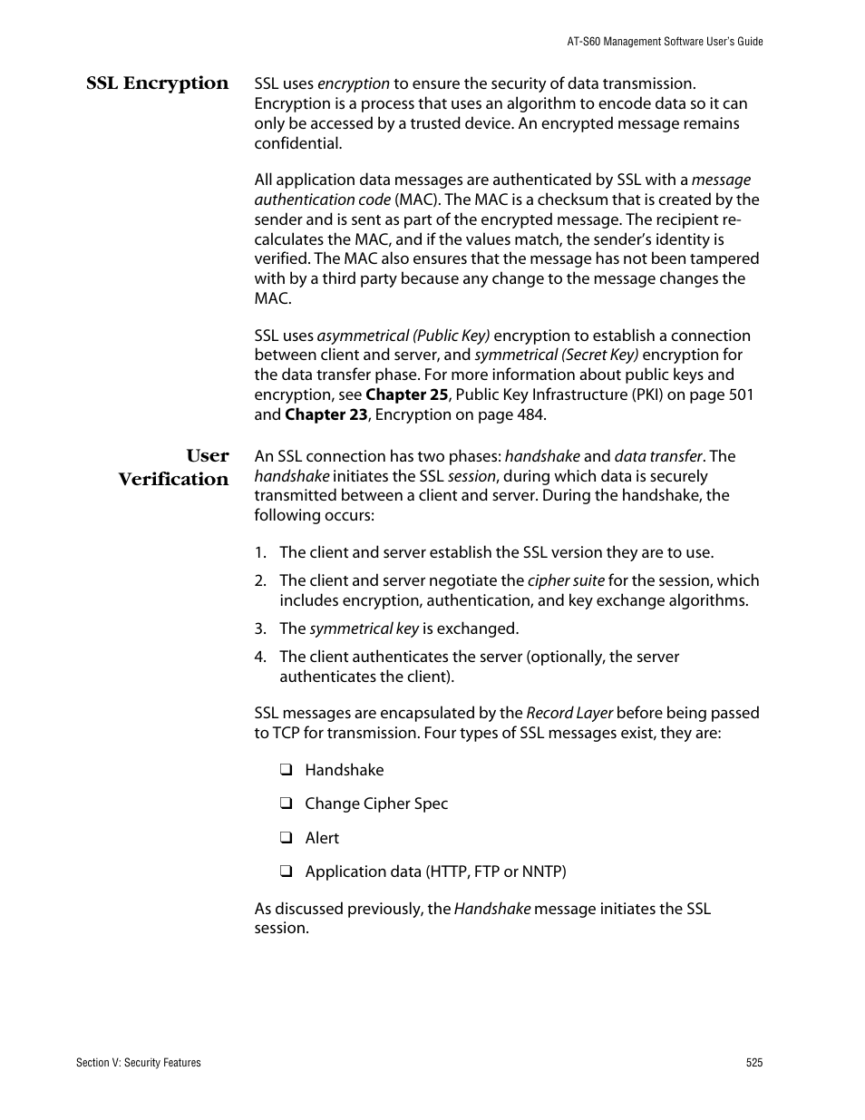 Ssl encryption, User verification, Ssl encryption user verification | Allied Telesis AT-S60 User Manual | Page 525 / 858