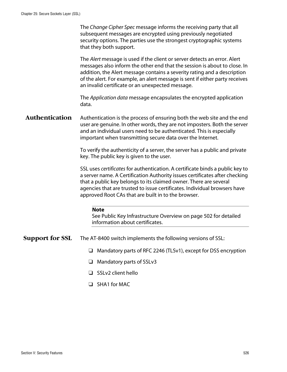Authentication, Support for ssl, Authentication support for ssl | Allied Telesis AT-S60 User Manual | Page 526 / 858