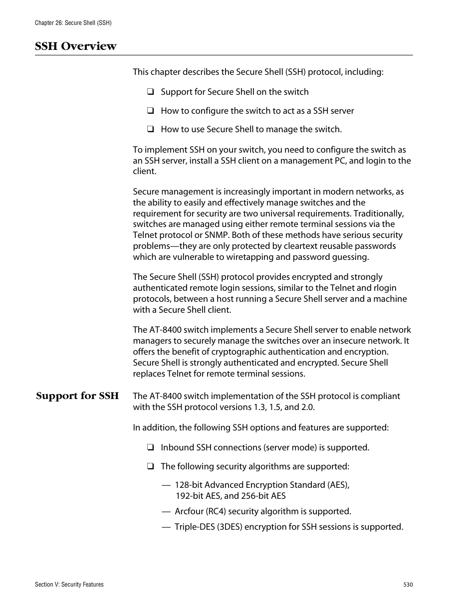 Ssh overview, Support for ssh | Allied Telesis AT-S60 User Manual | Page 530 / 858