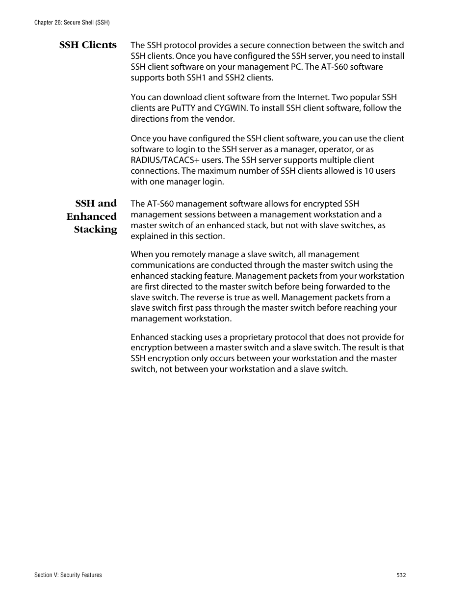 Ssh clients, Ssh and enhanced stacking, Ssh clients ssh and enhanced stacking | Allied Telesis AT-S60 User Manual | Page 532 / 858